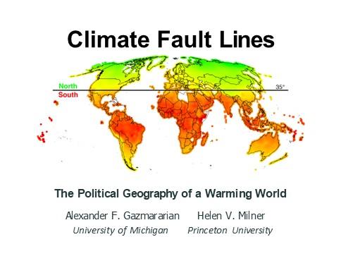 Book cover: World map showing that effects of climate change clearly differ geographically; softer above the 35th North latitude and harsher below.