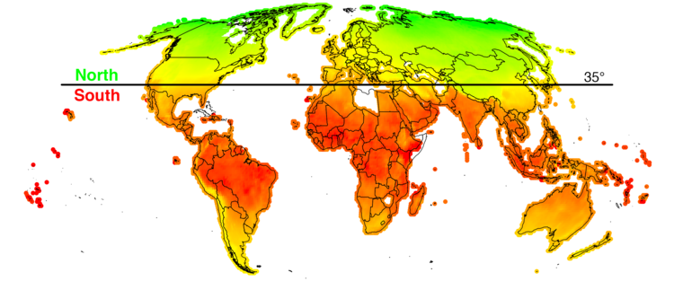 A map showing effects of global warming in Northern vs Southern hemishphere.